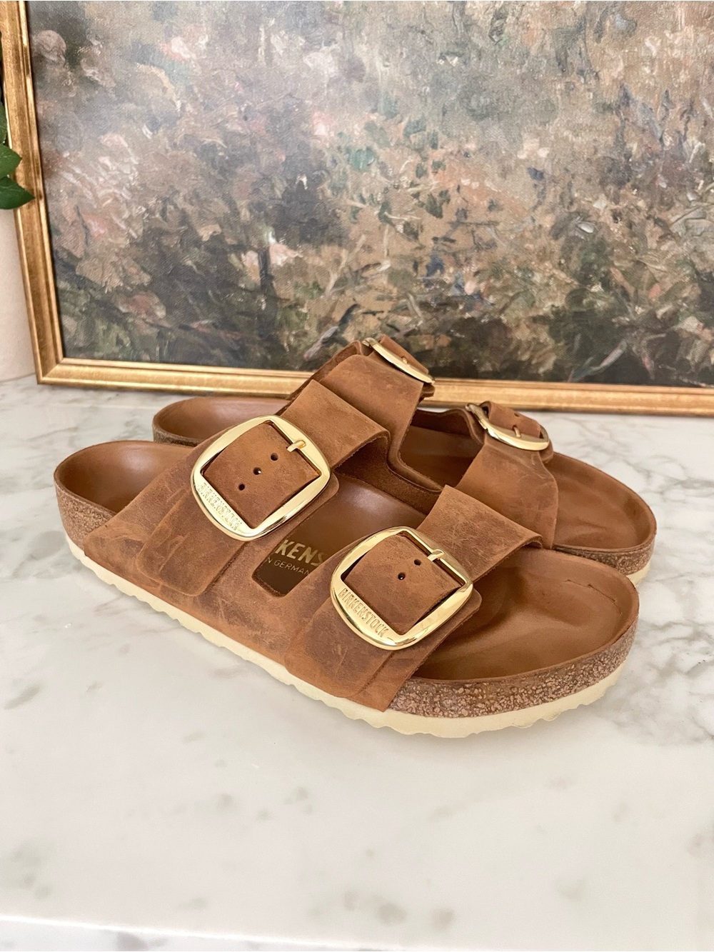 Birkenstock Arizona Big Buckle Cognac Brown Leather Regular Width Size 39 Gold - Picture 2 of 7